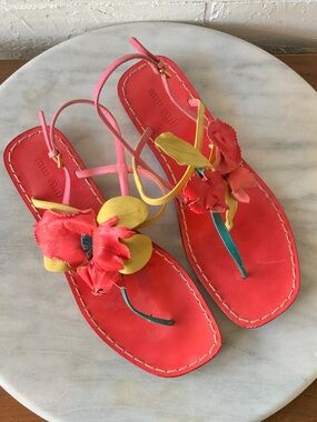 Miu Miu Red Pink Yellow Floral Leather Sandals